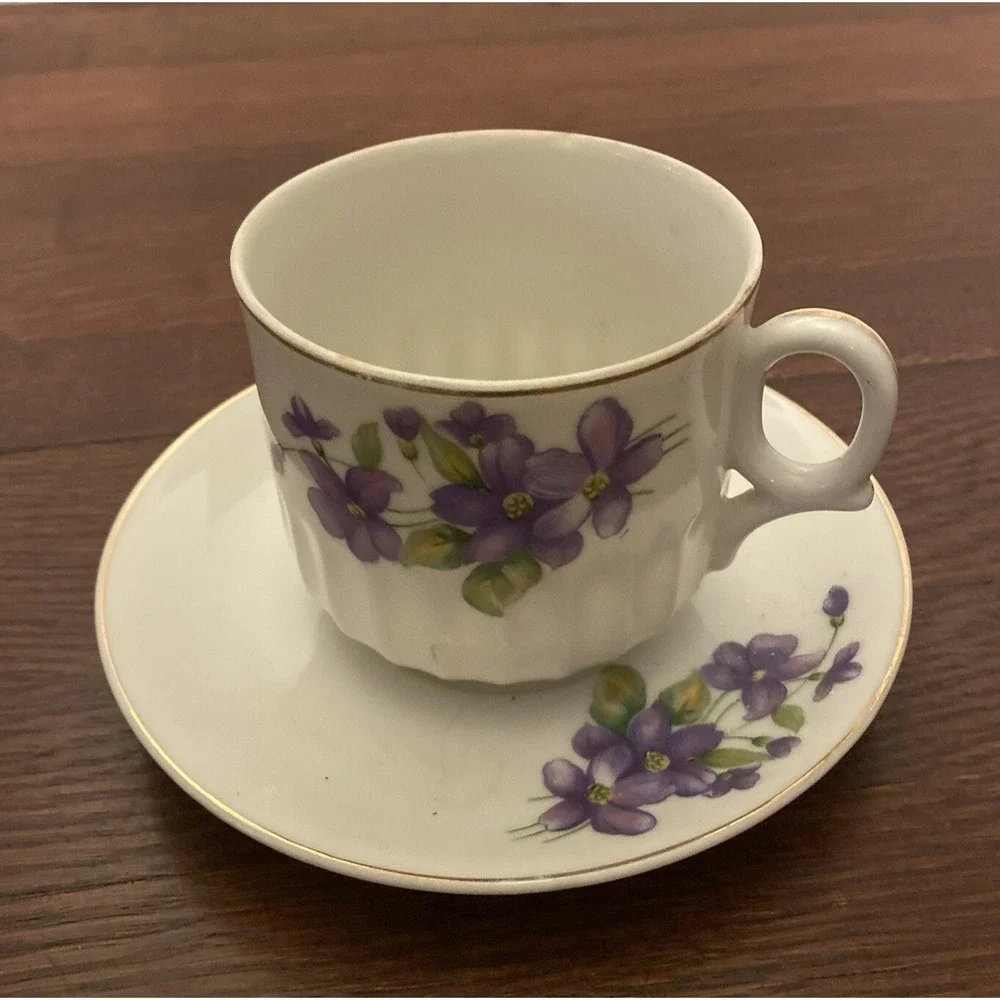 Purple‎ Floral Tea Set Teacup & Saucer Vintage Ceramic Gold Trimmed Japan